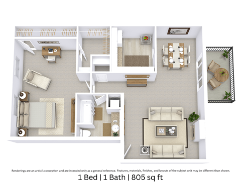 Floor plan for 1 bed, 1 bath, 805 sqft